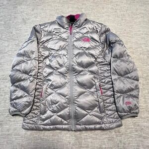 The North Face Girls L (14/16) 550 Down Jacket – Silver Gray with Pink Lining